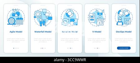 Software development models blue onboarding mobile app screen Stock Vector