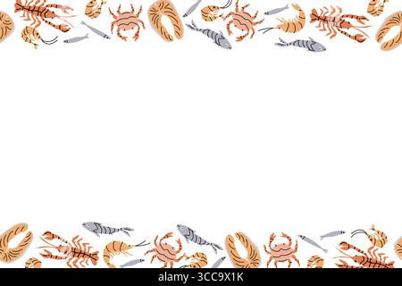 Seafood border with crabs, lobsters, fish, and bread. Stock Vector