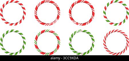 Christmas candy cane stripe border set. Red and green circle frames for holiday cards, banners, and winter design Stock Vector