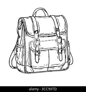Travel backpack with straps and pockets, black and white sketch. Vector illustration. Isolated school backpack on a white background. Travel bag for Stock Vector