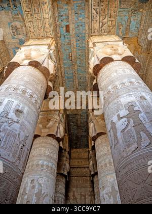 The elaborate carvings and colours of the Temple of Hathor at Dendera Stock Photo