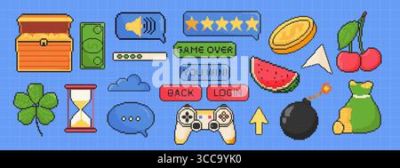 8 bit game icon set. Pixel art object. Old school vintage game graphic. Bomb, dialog boxes, hourglass, money, fruit, chest, gamepad, speech bubble Stock Vector