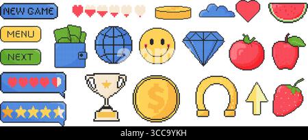 8 bit game icon set. Pixel art object. Old school computer graphic style. Horseshoe, dialog boxes, money, fruit, chest, reward, trophy. Stock Vector