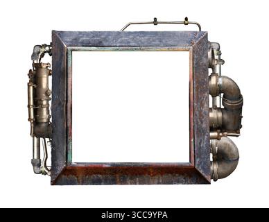 Metallic frame with vintage metal details, pipelines, gear, retro rivets. Isolated on white background. Mock up template. Copy space for text. Can be Stock Photo