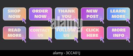 Gradient call to action web buttons with arrow cursor. Modern vector elements for website design. Stock Vector