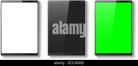 Realistic tablet mockup with white, black and green screens. Smart 3D gadgets front view. Display interface. Mobile application. Digital technology. V Stock Vector