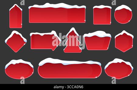 Red frames with snow cover on dark background. Christmas or New Year discount. Direction pointer arrow. Empty billboards. Square and round label shape Stock Vector