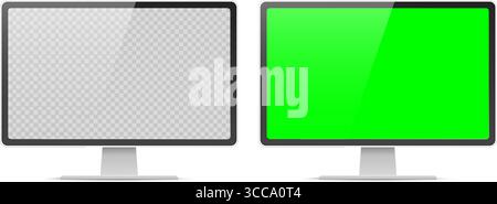 Realistic monitor mockup with transparent and green color plasma screen for advertisement or design. PC gadget display. TV show. Modern computer front Stock Vector