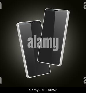 Realistic mockups of two smartphones with dark screen on black background. 3D gadgets presentation. Mobile empty touchscreen. Phone application displa Stock Vector
