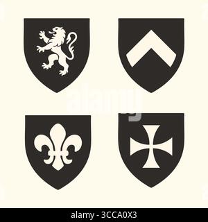 Classic heraldic shields in black and white displaying a lion a chevron a fleur de lis and a cross on a light background. Stock Vector