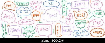 Swear speech bubble collection in crayon style. Doodle comic talk balloons with bad words, curses, and aggressive icons. Vector hand drawn illustratio Stock Vector