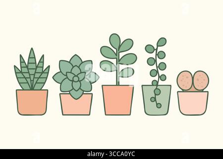 Selection of small succulents arranged in pastel pots with gentle colors and clean lines on a light backdrop. Stock Vector