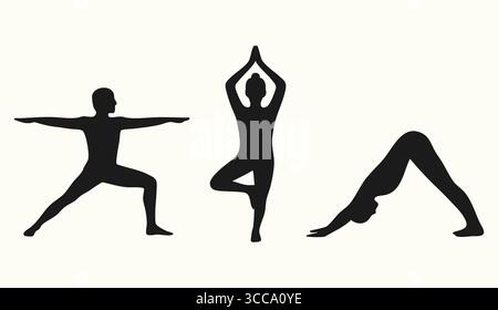 Vector silhouettes of four people practicing yoga with balanced standing and bending poses on a light cream background with simple styling. Stock Vector