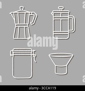 Simple white line icons on gray showing a moka pot a french press a storage jar and a funnel for coffee making. Stock Vector