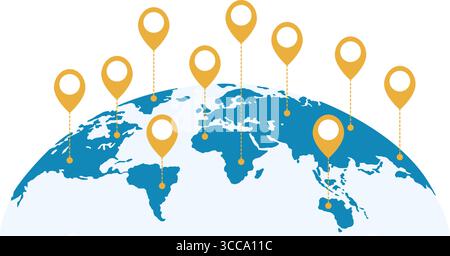 Map of Earths continents with gold geo tagged locations. Navigation GPS pins. International connection. Global planet network. Worldwide communication Stock Vector