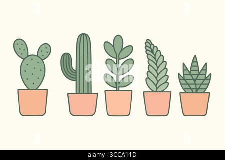 Cacti and leafy plants placed in terracotta pots rendered with soft tones and simple shapes on a light background. Stock Vector