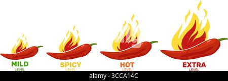 Hot chili peppers with flame and spice level. Mild, medium, hot or extra tastes. Heat rating. Cayenne flavor symbol. Menu food stickers. Chilli in fir Stock Vector