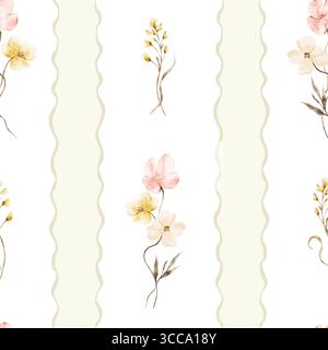 Seamless pattern with meadow flowers and whimsical vertical stripes. Hand-drawn floral field illustration. Botanical background for fabric, textiles, Stock Photo