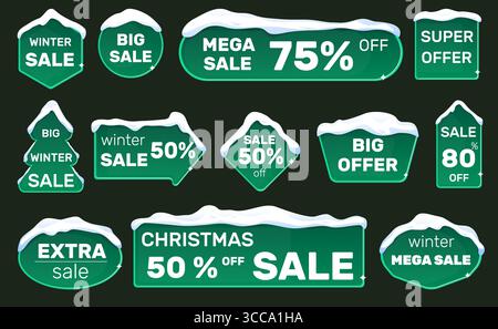 Beautiful Christmas banner with discounts. Winter season sale board on dark background. Snow covered billboard. Xmas promotion advertising. Shop speci Stock Vector