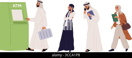 Arab men and women in traditional Muslim dress queue up to withdraw cash from ATM. Banking terminal. Automated machine. Withdrawing money. Electronic Stock Vector