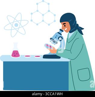 Arab woman scientist looks through microscope. Muslim female works in medical lab. Scientific experiment. Test analysis. Chemist in hijab doing chemic Stock Vector