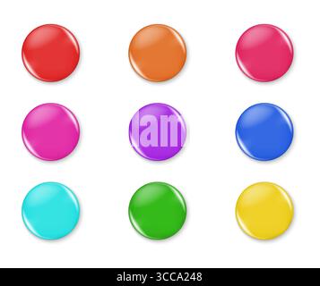 Magnet-style round buttons in multiple colors, realistic glossy design, isolated on white. Ideal for badges, labels, UI elements, and graphic or web d Stock Vector
