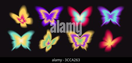 Gradient butterfly shapes with luminous blur effects - neon colors blending yellow pink, purple orange wings, magenta cyan patterns, ethereal glow spreading on black background for nature designs. Stock Vector