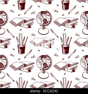 School supplies seamless pattern. Globe, books, pens, pencils, ruler, brushes, paper clips, pushpins. Hand drawn vector clipart for Back to School and Stock Vector