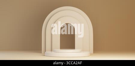 Minimalist beige podium with layered arch backdrop - cream display platform with curved architectural element on brown background for product cosmetic presentations or elegant showcase designs. Stock Vector