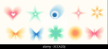 Blur gradient shape set. Y2k retro heart, star and circle with flower. Colorful gradation butterfly, crown icons on beige background. Trendy effect wi Stock Vector