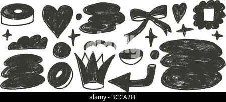 Crown, heart and geometric forms sketch roller ink elements. Abstract silhouette shapes charcoal drawn set. Naive black doodle figures on white backgr Stock Vector
