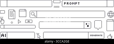 Generate AI technology bar pixel art set. 8bit web browser stroke prompt elements collection. Retro internet shapes. Click cursor and buttons windows. Stock Vector