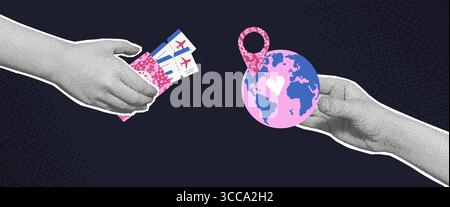 Travel collage with halftone human hands and flat tourism elements. Arms palm holding passport with tickets and planet with location map pin. Vector w Stock Vector