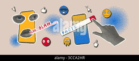 Facts search halftone and pixel art elements set. Hand, eye, mouth with phones dadaism composition. Collage with 8 bits pixel and cutouts. Retro icons Stock Vector