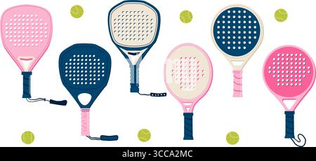 Padel tennis rackets and balls set. Sport emblems or club elements. Recreation and active hobby accessories collection. Vector illustration isolated o Stock Vector