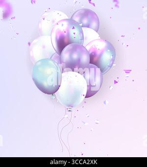 Realistic balloon bunch with iridescent purple, white and blue balls on strings floating on pastel background - glossy metallic helium ballons with falling confetti for birthday party or celebration Stock Vector