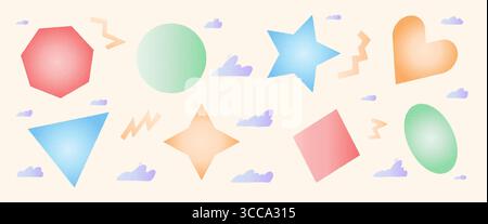 Gradient shapes with noise grain effect. Geometric abstract figures for modern vector background. Simple icons design with triangle, rhombus and circl Stock Vector