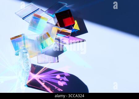 Prismatic Reflection. Abstract composition of colorful prisms casting vibrant light patterns Stock Photo