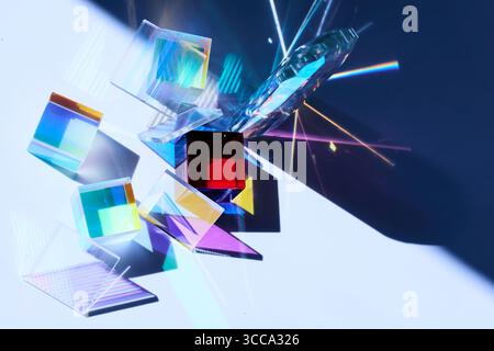Prism and Light Play. Colorful glass prisms casting vibrant shadows and reflections Stock Photo