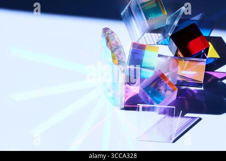 Prismatic Reflections. Colorful glass prisms casting vibrant shadows and reflections Stock Photo