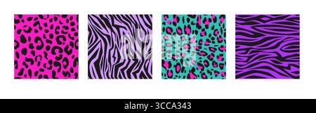 Y2k zebra, leopard print pattern with acid background - black animal skin stripes and spots on purple, pink and green bg. Retro wild safari texture for trendy aesthetic designs, nostalgic cyber vibes Stock Vector