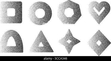 Grain gradient geometric shapes with hole set. Grainy noise textured black y2k frame elements. Arch, rectangle, triangle and circle dotwork badges. Ve Stock Vector