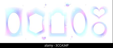 Holographic gradient border frames with blur effect - aura shapes in pink, blue and purple colors. Dreamy oval, shield and rectangular cutouts with cosmic sparkles for y2k aesthetic design elements. Stock Vector