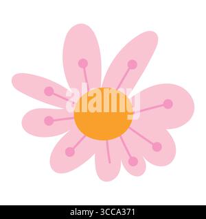 Flower With Pink Petals Radiating Around A Dotted Center. Delicate cartoon wild plant. Cute nature herb perfect for invitations, cards, posters Stock Vector