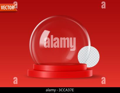Empty 3d glass snow globes isolated on red background with space for custom designs Vector snow ball Stock Vector