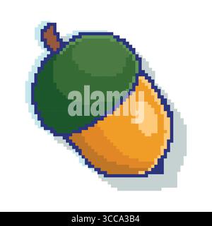 Pixel Art Green And Yellow Acorn With Brown Stem. Retro video game nut icon, great for pixel-style designs, gaming graphics, seasonal art, and Stock Vector