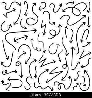 Hand drawn black arrows collection in various style and shapes isolated on white vector illustration Stock Vector