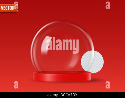 Empty 3d glass snow globes isolated on red background with space for custom designs Vector snow ball Stock Vector
