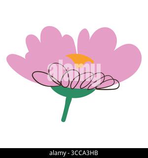Pink Heart Petal Flower Side View With Orange Center And Green Stem. Playful cartoon blossom in profile, ideal for invitations, greeting cards Stock Vector