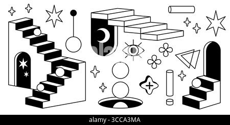 Surreal architectural elements with door portals, impossible stairs, geometric arches, crescent moon and stars, eye symbol. Abstract line art for mystic interior design, dreamlike spaces frame Stock Vector